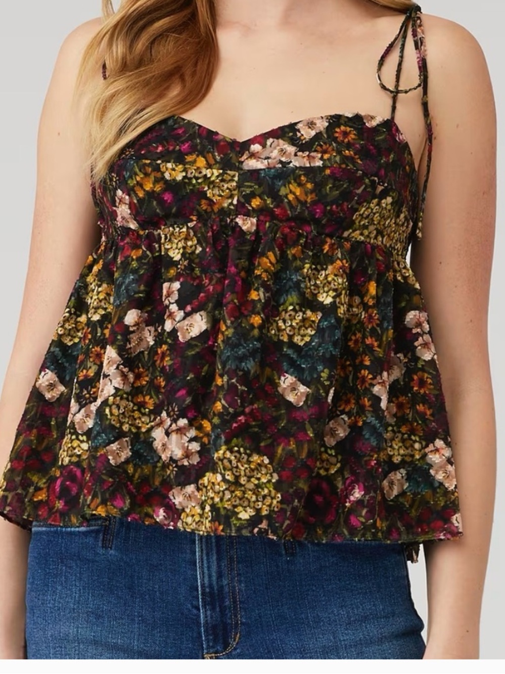 Amanda Uprichard Floral Tie-Shoulder Smocked Bust Tank Top - Black/Multi
